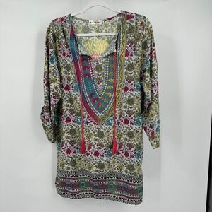 Womens Boho Tunic Top Sz L Folk Floral Festival Artsy Global Print Relaxed Flowy
